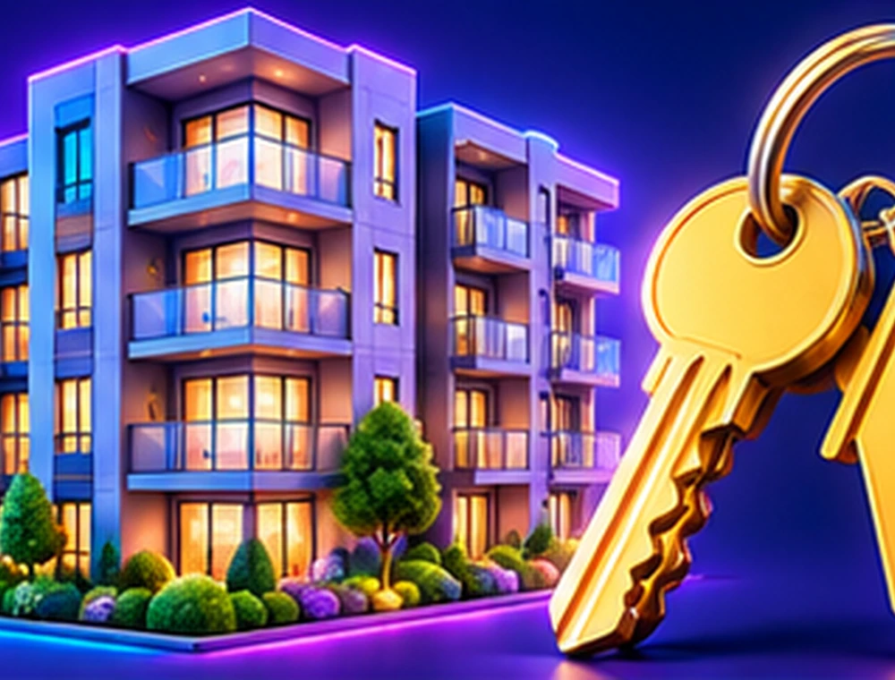 Colorful architectural illustration of an apartment building beside a set of keys
