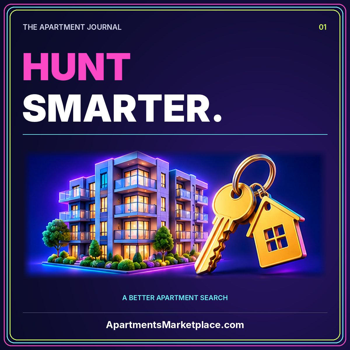 Neon hunt smarter typography with an apartment building and keys