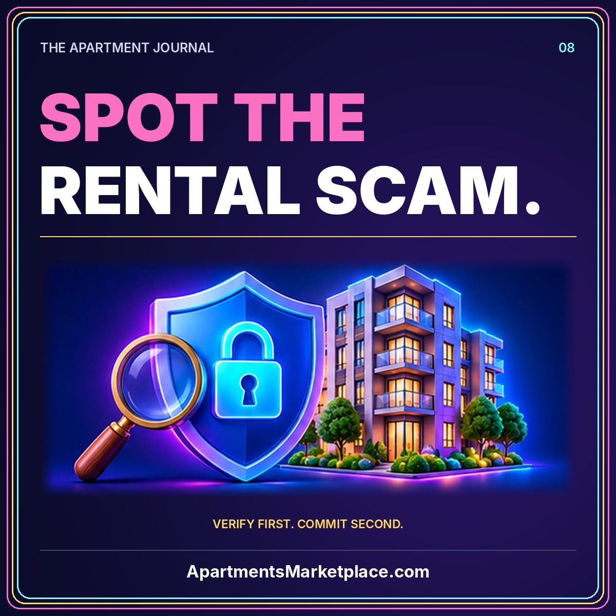 Neon spot the rental scam typography with an apartment building, shield, and magnifying glass