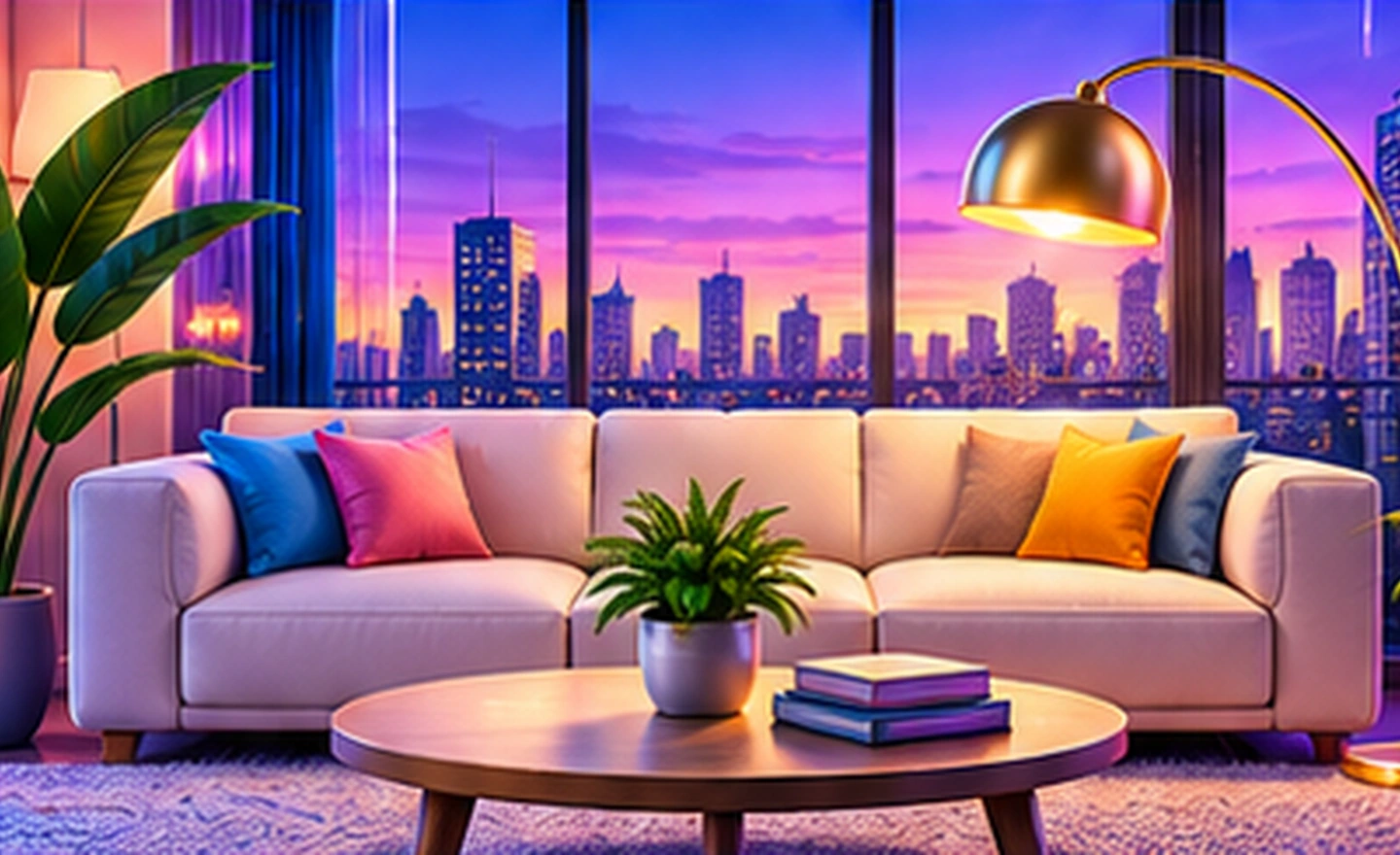 Original illustration of a colorful apartment living room overlooking a city at sunset