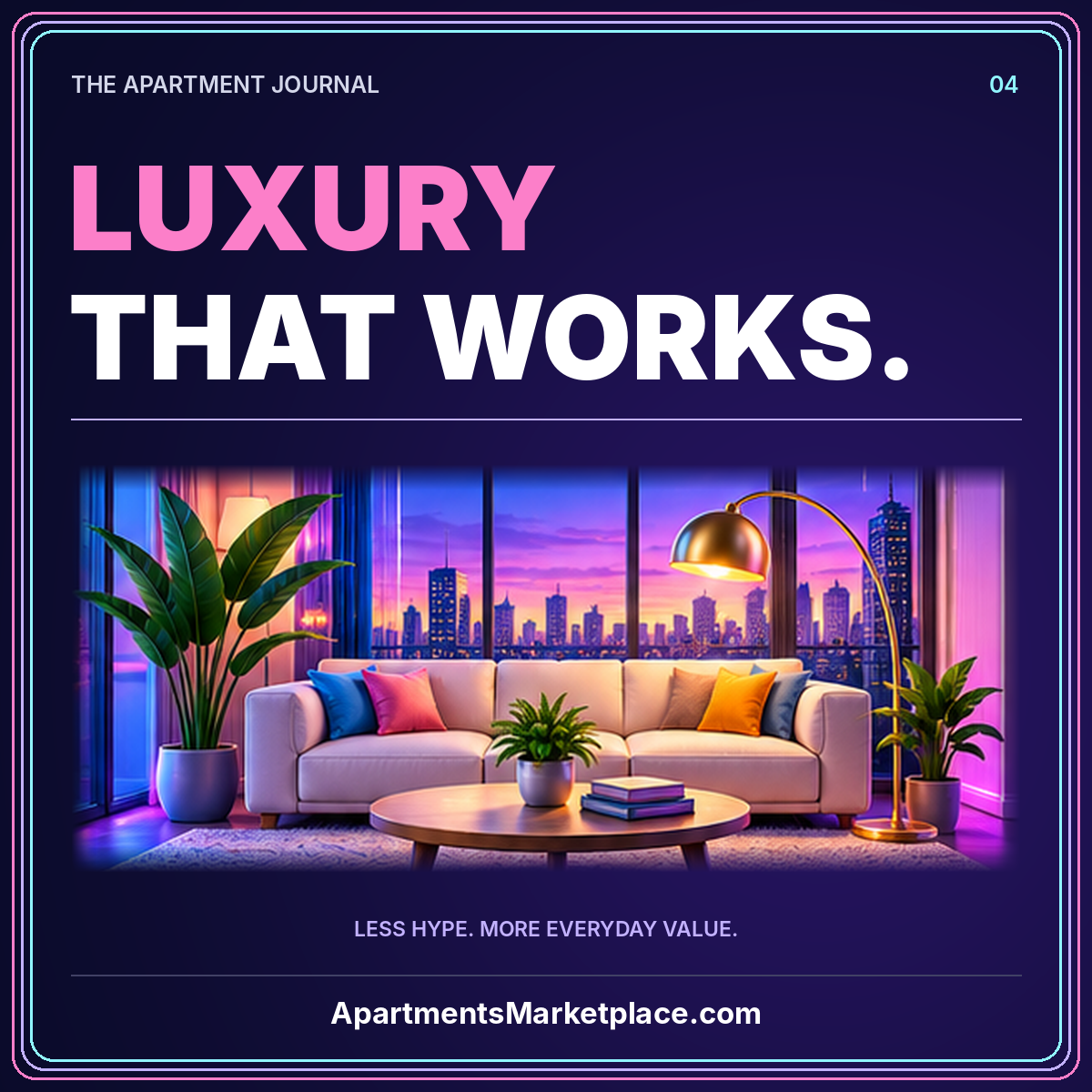 Neon luxury that works typography with a city-view apartment living room