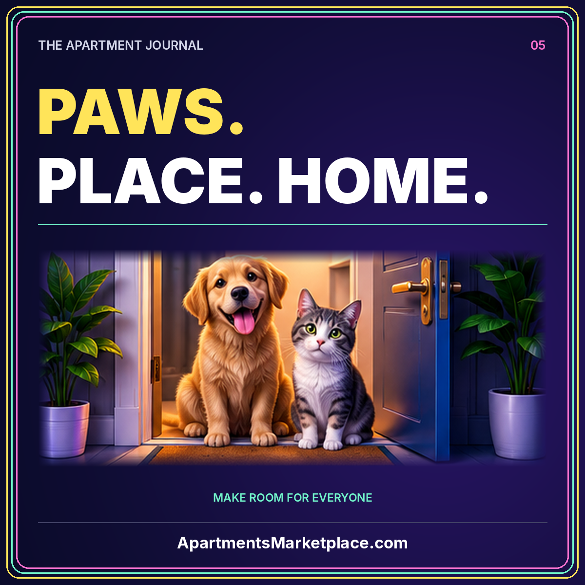 Neon paws. place. home typography with a dog and cat at an apartment door