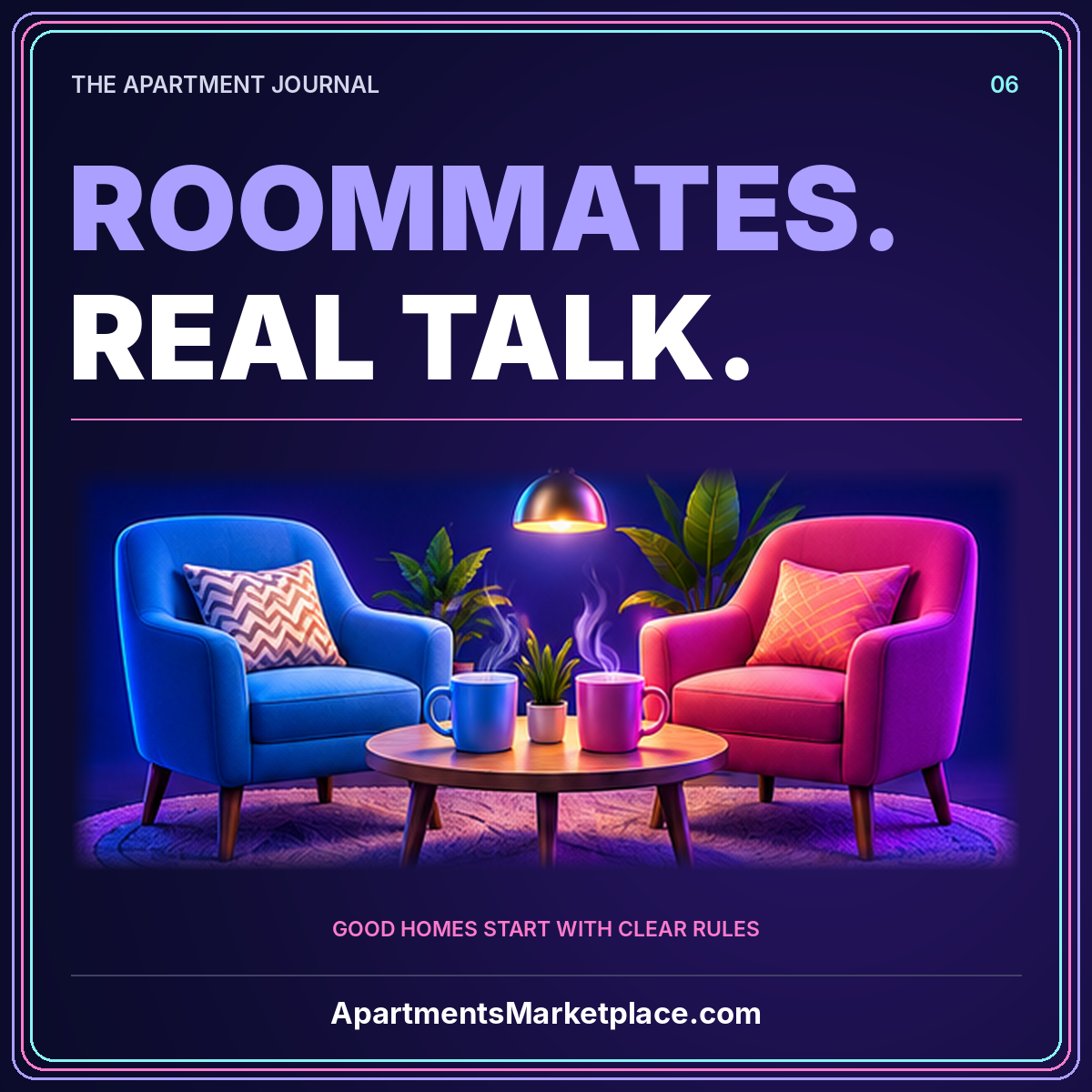 Neon roommates. real talk typography with two chairs in a shared living room