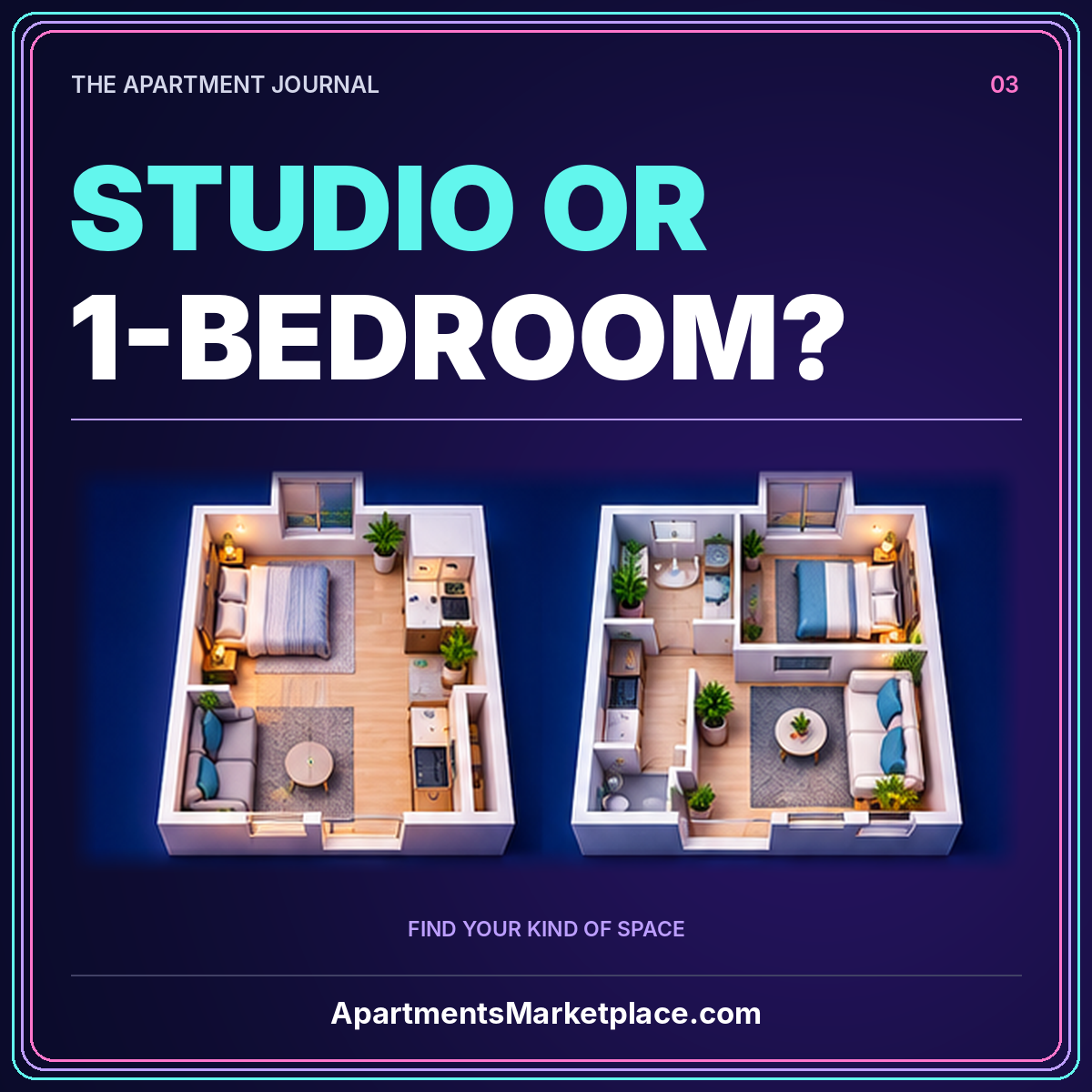 Neon studio or 1-bedroom? typography with two illustrated apartment floor plans
